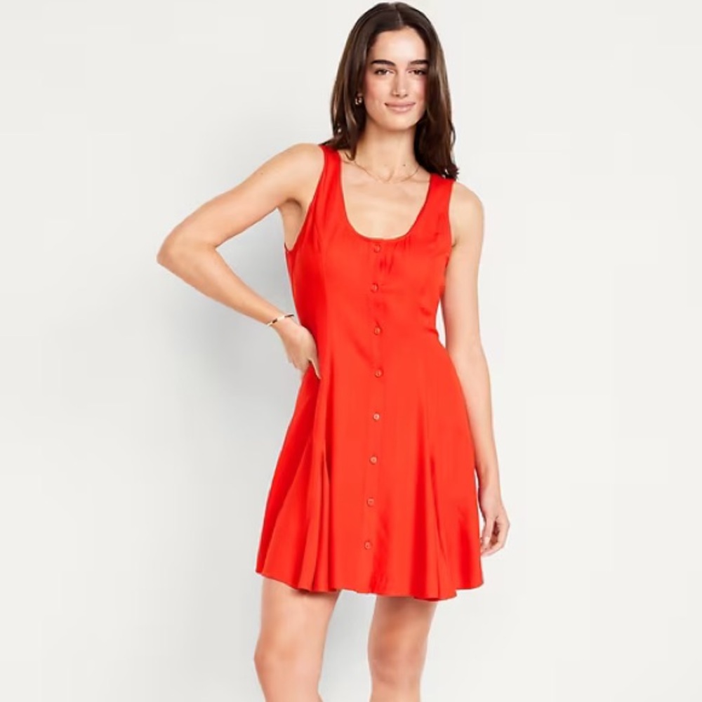 Nwt! Old Navy Orange Red Fit & Flare Crepe Button-Front Mini Dress